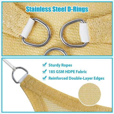 Shade Sail 14x16 Rectangle Sun Blocking Breathable Outdoor Canopy For Patio Garden Backyard And Deck UV Resistant HDPE Fabric Reinforced Edges Stainless Steel D Rings No Fuss Quick Setup Durable Shade Solution close-up of stainless steel D-rings and texture.