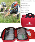 Portable Red Grab And Go First Aid Kit With Bandages Gauze And Care Accessories, emergency supplies shown in bag and outdoors