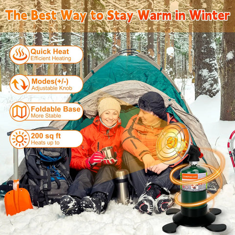 Portable Propane Heater For Camping And Outdoor Spaces in winter setting with rugged base and propane tank beside camping tent