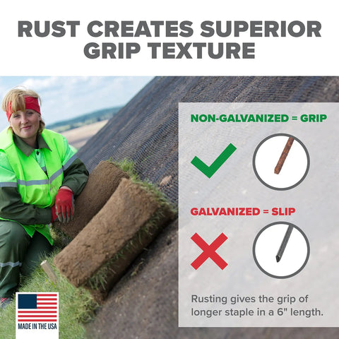 Worker with Dissolving Garden Landscape Staples 6 Inch Pins For Weed Barrier Fabric Stakes 11 Gauge Steel 200 Pack Made In USA