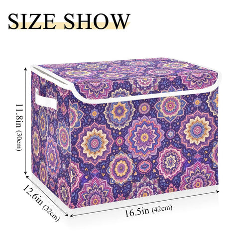 Totally Solid Collapsible Storage Bins With Lids And Heavy Duty Handles For Bedroom Closet Organization, purple patterned fabric, 16.5in wide
