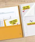 Hustle Ready Black Spiral Notebook With Five Subject Sections And College Ruled Paper showing perforated sheets and tough pockets.