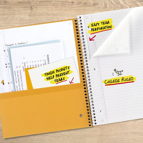 Hustle Ready Black Spiral Notebook With Five Subject Sections And College Ruled Paper showing perforated sheets and tough pockets.
