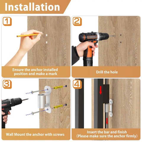 Installation steps for Top Shelf White Fence To Wall Anchor Kit For Tight Dog Playpen Sets showing marking, drilling, and anchoring.