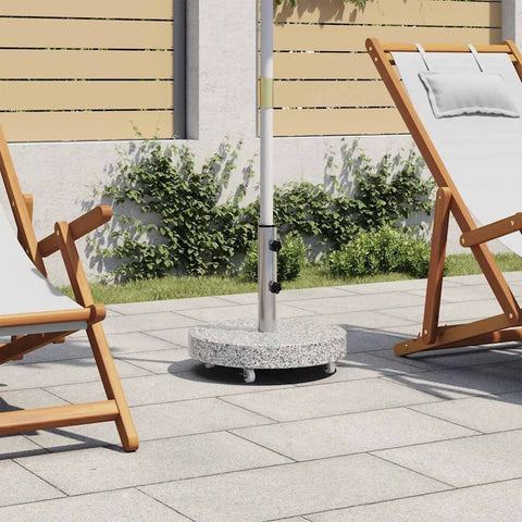 Rock Solid Granite Parasol Base Heavy Duty Umbrella Weight Plate With Smooth Rollers And Secure Locks Grey Stone Outdoor Stand Built Tough For Backyard BBQs Or Poolside Loungin Fits 38Mm And 48Mm Poles on patio with chairs.