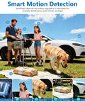 Family barbecuing with Solar Powered Wireless Outdoor Security Camera monitoring pet and package with motion detection.
