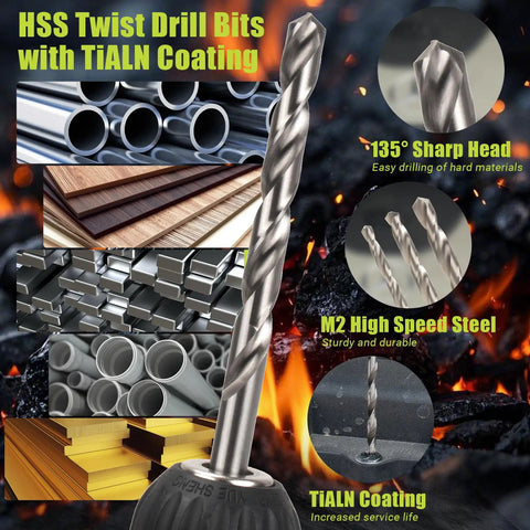 HSS twist drill bits with TiALN coating, showing sharp head and multiple material uses.