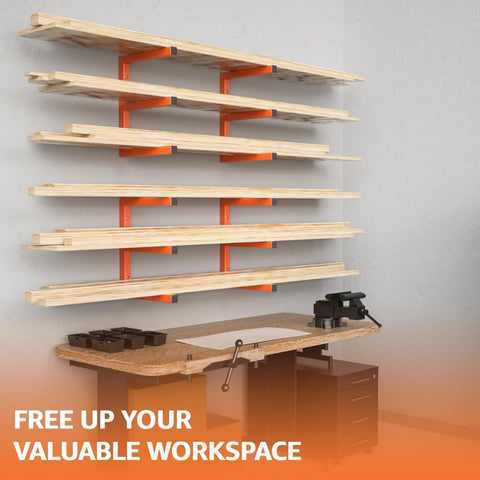 Beefy Heavy Duty Wood Organizer And Lumber Storage Wall Mount Rack With Six Levels Holds Up To 1200 Lbs indoors or outdoors, orange wall mount, six shelves, above a workbench