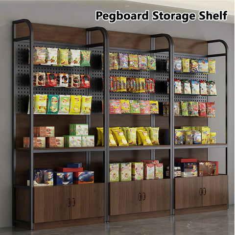 Rock Solid Retail Display Rack With Pegboard And Hooks, Freestanding Store Shelving Stand, Handy Storage Cabinet Below, No Sweat Setup For Boutiques And Convenience Shops, Dark Walnut Finish Game Changer, with snacks.
