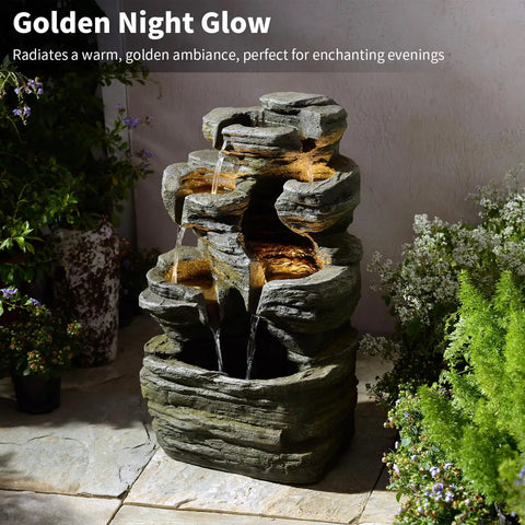 Six Tier Cascading Rock Outdoor Water Fountain With Lights For Garden Patio Backyard Deck And Porch No Fuss Setup With Pump 24.4 Inch High 110V Plug, stone-look design in garden setting