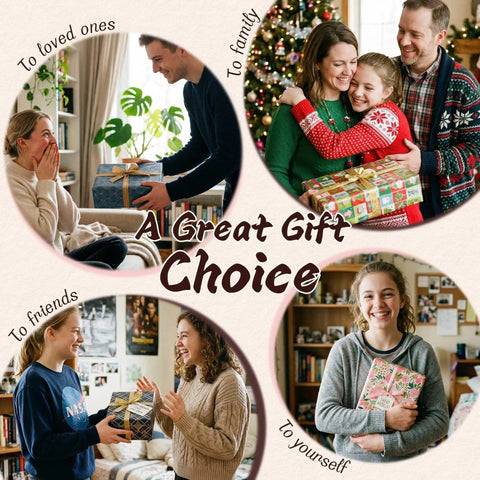 Collage of people happily exchanging wrapped gifts with text 'A Great Gift Choice' for loved ones, family, friends, and yourself.