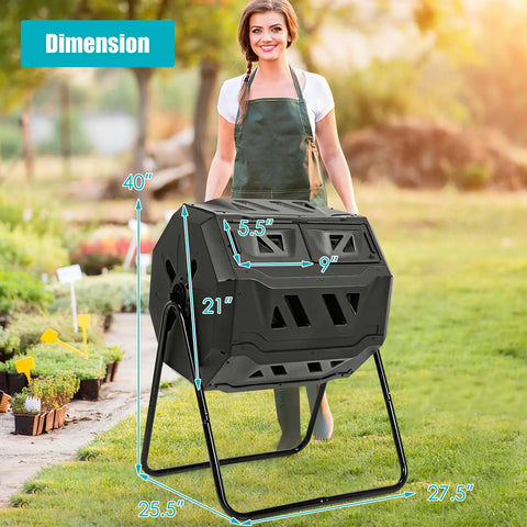 43 Gallon Outdoor Compost Bin With Dual Chamber Tumbler, 360 Degree Spin, Two Sliding Doors, shown in garden setting with dimensions.