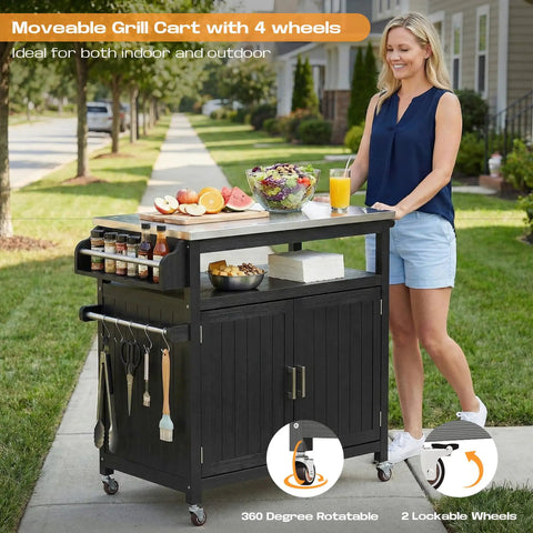 Woman using 43.3-Inch Outdoor Kitchen Island With Storage Cabinet And Stainless Steel Top All-In-One Solid Wood Prep Station
