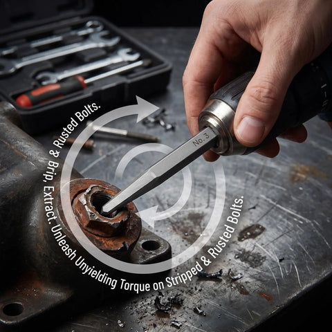 Rock Solid Straight Flute Screw Extractor Kit Featuring Tough Carbon Steel And Ergonomic Grip For Stripped Bolts With Tapered Guide Structure To Crush The Need For Damaged Fastener Removal In Any Auto Repair Shop Job, No. 3 bit removing rusted bolt