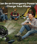 Camping Fan With LED Lantern And 30000mAh Battery used outdoors, person charging phone, tent in background, portable for camping trips