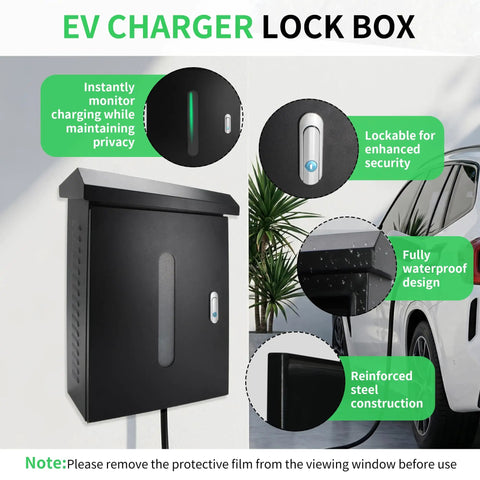 Outdoor EV Charger Lock Box Hella Secure Storage Enclosure Featuring A Crystal Clear Viewable Window For Tesla Wall Connectors and Universal Electric Vehicle Plugs Weatherproof Dope Cover Bottom Cable Access Door Simple Install For Your Daily Driver showing lockable design and waterproof features.