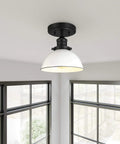 Cozy Rustic Farmhouse Ceiling Light Semi Flush Mount With Matte Black Finish And White Metal Shade Dimmable Fixture For Kitchen Hallway Or Dining Room 8x8x9 Inches installed in room setting