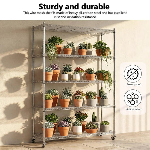 Rock Solid Heavy Duty Adjustable Five Tier Wire Shelving Rack With Smooth Rollin Casters and Hella Durable 331 Lb Weight Load Capacity For Garage Workspaces And Storage Areas holding potted plants.