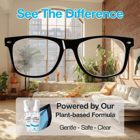 Front view of SmoTecQ glasses cleaner kit with 2 spray bottles, 2 microfiber cloths, travel pouch; plant-based formula