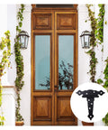 Image of Three Pack T Shape Rustproof Iron Light Duty Shed Hinge for DIY gates and doors, overlay on wooden door background.
