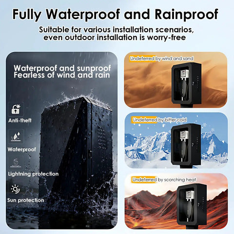 Premium EV Charger Cover Outdoor Lock Box With Tempered Viewing Panel And Ventilated Side Doors To Shield Your Rig From Elements Plus Plug N Play Ready For Standard Home Stations 20X10X35 shown in rainproof scenes.