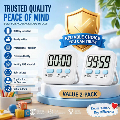 Top Shelf Two Pack Digital Timer With Built In Memory Dead Reliable For Kitchen Cooking Classroom Tasks And Quick Meal Prep Drop In And Play Design Comes Fully Loaded With Batteries Ready To Roll, two digital timers with buttons and display.
