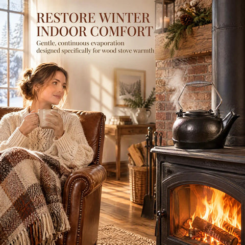 Solid Cast Iron Wood Stove Steamer And 3 Qt Humidifier Kettle on wood stove, emitting gentle steam in cozy living space.