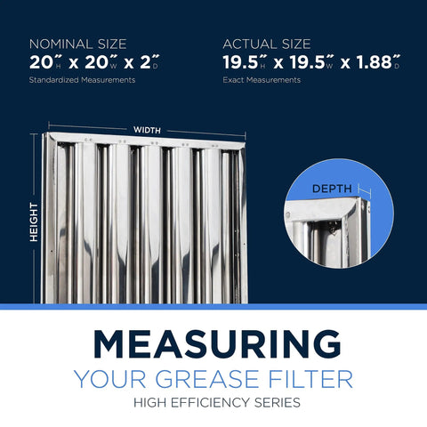 Image showing dimensions of High Efficiency Pro Grade Commercial Kitchen Hood Filter Pack Of 2 For Restaurant Range Hoods, 430 Stainless Steel.