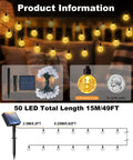 Two Pack Outdoor Solar String Lights Waterproof 98 Feet Total 100 LED Solar Powered Patio Lighting With Eight Modes Crystal Globe Decor shown with setup and size comparison.