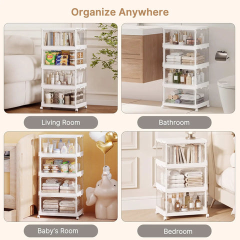 Hella Roomy 92 Quart Clear Plastic Storage Bins With Snap Lids, 4 Pack Stackable Tote Containers in various home settings.