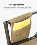 Close-up of beige side storage pockets on Three Seat Deluxe Outdoor Porch Swing With Weather Resistant Steel Frame Heavy Duty Construction Adjustable Tilt Canopy Beige Side Storage Pockets And Smooth Rocking Motion Supports Up To 750 Pounds.