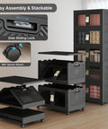 Premium Five Tier Storage Tower With Clear Front Panel Foldable Stackable Cabinet Rack shows side sliding lock and spinner wheels.
