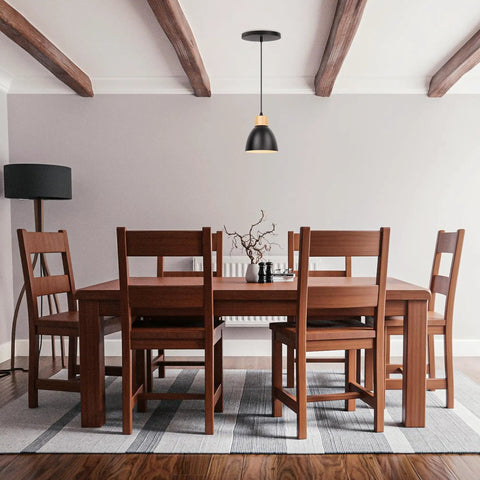 Kiven Instant Light Conversion Kit for 4/5/6inch Hole, metal pendant light above a wood dining table with chairs.
