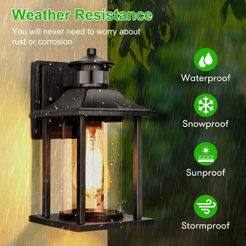 Two Pack Motion Sensor Outdoor Wall Lanterns With Dusk To Dawn Photocell, Waterproof Sconces for Porch, showing weather resistance
