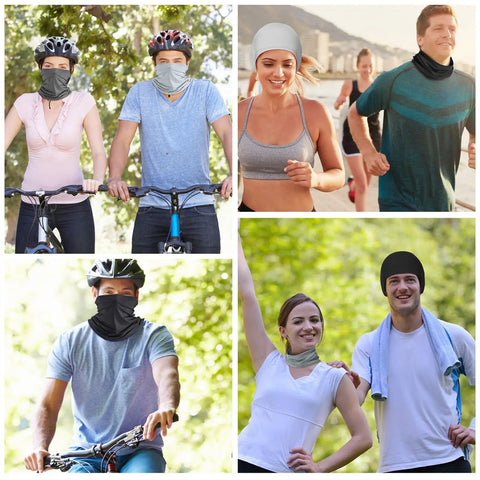 6 Pack Summer UV Protection Neck Gaiters For Face Covering worn by cyclists and joggers outdoors in natural settings