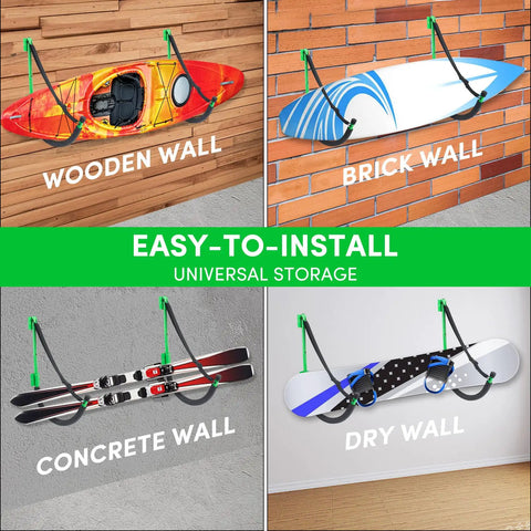 Tough As Nails Kayak Wall Mount Rack And Storage Holder 2 Pack Heavy Duty Steel with kayaks and snowboards on various wall types.