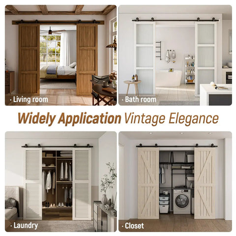 Heavy Duty 10Foot Sliding Barn Door Hardware Kit Featuring Buttery Smooth Silent Rolling Nylon Track System With Knockout 330 Pound Load Capacity For Quick DIY Home Makeovers In Matte Black in various room settings.