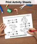 Child using a red pencil to complete a math activity sheet with cartoon turtles on a wooden table.