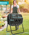 Woman standing beside 43 Gallon Outdoor Compost Bin With Dual Chamber Tumbler, 360 Degree Spin, Two Sliding Doors in garden.
