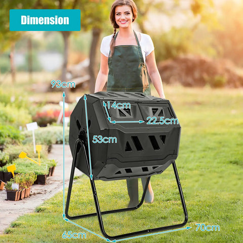Woman standing beside 43 Gallon Outdoor Compost Bin With Dual Chamber Tumbler, 360 Degree Spin, Two Sliding Doors in garden.