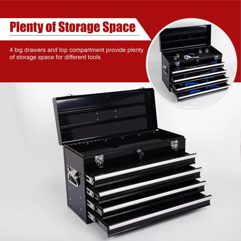Built Tough 21 Inch Auto Locking Storage Cabinet With Slick Rolling Ball Bearing Slides And Cushioned Eva Liner For Mobile Gear Haul Or Garage Setup In Matte Black with open drawers and tools.