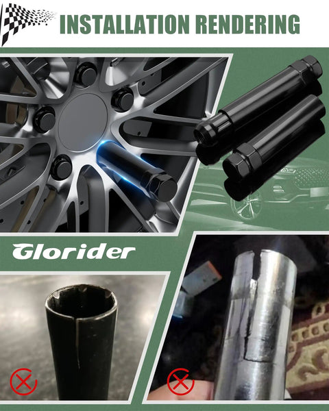 Installation rendering of Shop Grade 6 Point Spline Lug Nut Key Socket Wrench Tool for Tuner Wheel Swaps, showing use and compatibility details.