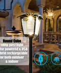 Outdoor Lamp Post Light 68 Inch Tall Waterproof Solar Powered 100 Lumen Pathway Garden Lawn Patio Porch Backyard Driveway USB Rechargeable With Warm White And Cool White illuminating a patio.