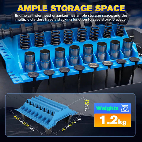 Pro Grade Engine Part Organizer Nylon Tray for Valves and Engine Parts Keeps Valve Springs Crankshafts Camshafts Cylinder Head Screws Collets and More Neatly Stacked for Easy Tool Storage and Quick Access for Auto Shop or DIY Garage shown with dimensions