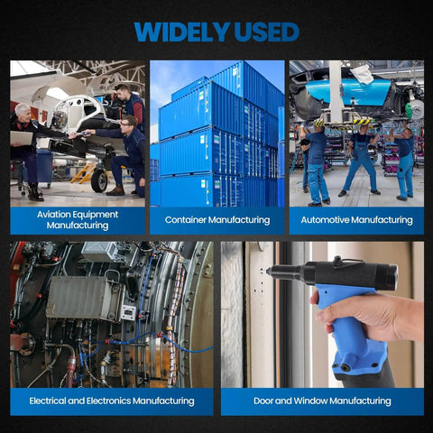 Heavy-Duty Pneumatic Rivet Gun Air Pop Riveter Kit With Wicked Strong Pulling Force For Stainless Steel Aluminum And Iron Supports 1/4, 5/32, 3/16 Inch Rivets Rips Through Metal Easily Pro Grade Power Tool used in various manufacturing settings.