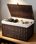 Massive Wicker Storage Basket With Lid, 104 Liter Rattan Blanket Box Holds A Ton Of Gear, Heavy Duty Home Organizer with open lid and organized items.