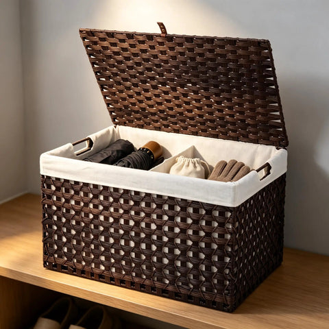 Massive Wicker Storage Basket With Lid, 104 Liter Rattan Blanket Box Holds A Ton Of Gear, Heavy Duty Home Organizer with open lid and organized items.