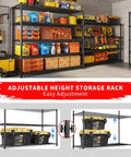 Heavy Duty 5 Tier Wire Shelving Rack With Massive Load Rating For Garage Pantry Kitchen Organization And Commercial Display That Is Legit Bombproof Setup For Your Home Office, adjustable height with tools and storage bins visible.