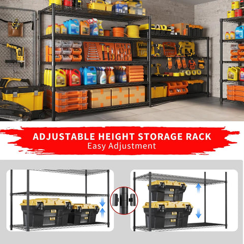 Heavy Duty 5 Tier Wire Shelving Rack With Massive Load Rating For Garage Pantry Kitchen Organization And Commercial Display That Is Legit Bombproof Setup For Your Home Office, adjustable height with tools and storage bins visible.