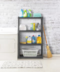 Heavy Duty Plastic Storage Bundle Featuring Four Spacious Open Shelves And A Secure Latched Cabinet, Quick Snap Together Assembly For Garage, Pantry Or Basement Organization In Clean Gray with laundry supplies.